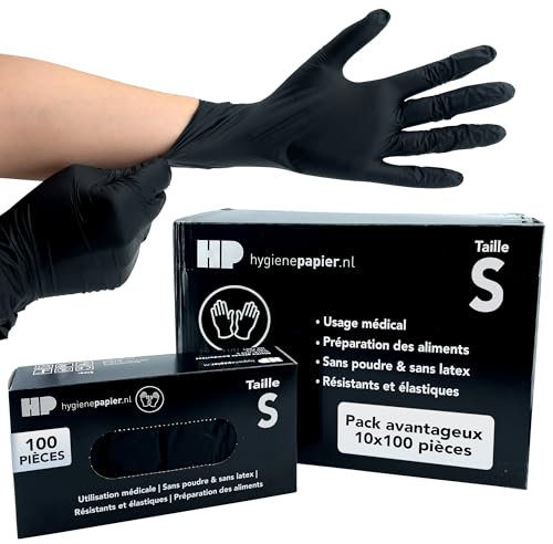 Bové - 1000 gants jetables en nitrile - Noir - Taille S - Sans latex et sans poudre - Pour la médecine et les aliments - Indéchirables et élastiques
