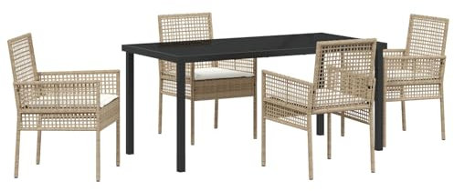 vidaXL 5-teiliges Garten-Esszimmer-Set mit Kissen in Beige aus Poly Rattan | Moderne Gartenmöbel, mit 4 Stühlen, schickem Tisch, ideal für die Terrasse, modernes Gewebedesign, minimalistisches Relaxen