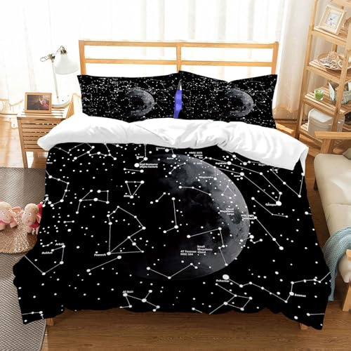 NIOYNJIS Bettwäsche Set 100% Baumwolle ist,Sternbild Mond Astronomie in Schwarz und Weiß,und allem auch für Personen mit Hautsensibilisierung empfohlen 152x203cm