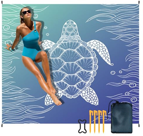WEFHEF Couverture de Plage Anti Sable 210 * 200cm, Couverture de Plage Polyester Imperméable, Tapis Imperméable Extérieur en Forme de Tortues de Mer, pour Festival, Randonnées, Pique-Niques, Camping