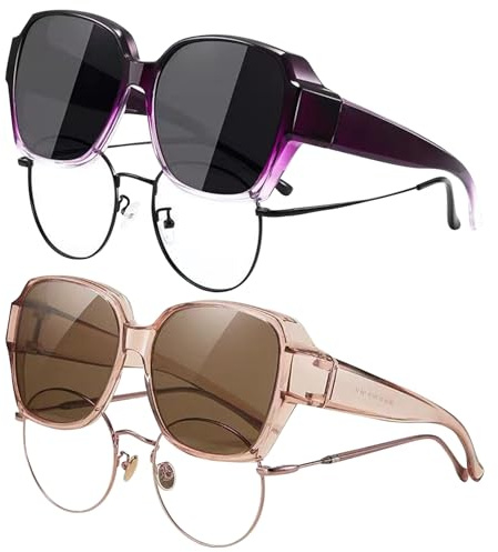 TYXHXTF 2 Pcs Sovraocchiali da Sole Donne Uomo Polarizzati, Occhiali da Sole Antiriflesso UV, per Viaggio, Guida (Purple nero + colore del tè)
