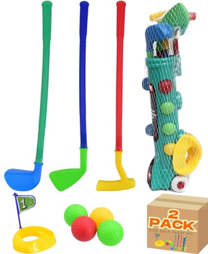 Electoys Kids Golf Caddy Set | Plastic Golf Clubs For Kids with Trolley and Balls | Toddler Mini Game for Garden | Junior Sports Toy | Outdoor Summer Garden Games Fun | 2 Pack