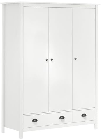 HUAKEHOM Kiefernholz Massiv Kleiderschrank mit 3 Türen 2 Schubladen Garderobenschrank Holzschrank Schrank Schlafzimmerschrank Weiß 127x50x170 cm