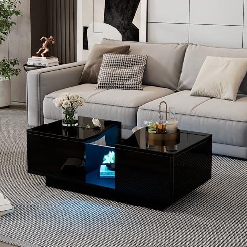 Emmtore Moderner LED-Couchtisch mit 2 Schubladen – 100 x 50 x 35 cm, schwarzer Hochglanz-Beistelltisch mit LED-Licht und Acrylplatte, MDF-Beistelltisch für Wohnzimmer, Schlafzimmer