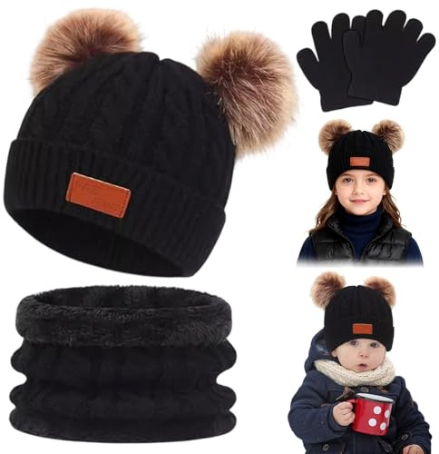 4 PCS Kids Winter Warm Beanie Hat Scarf Gloves Set, Knit Warm Toddler Winter Cap Gloves Neck Warmer, Thermal Knit Crochet Thick Fluffy Toddler Scarf for Girls Boys Toddlers Aged 3-8 years old, Black
