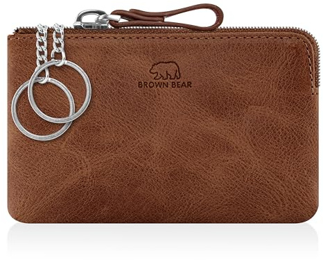 BROWN BEAR Schlüsseletui Leder mit Reißverschluss Münzfach - BB 8017 HBR | Echtleder Braun Whiskey Vintage Schlüsseltasche flach für Damen & Herren RFID-Schutz nur für Kreditkarten oder Ausweise