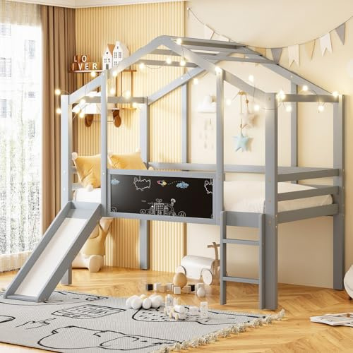EURHCIO Lit Mezzanine 1 Place 90x200cm,Lit Cabane Enfants avec Toboggan,Tableaux Blancs,Haute Barrière,Sommier à Lattes Solide,Pin,pour Enfants Adolescents,sans LED/Matelas(Gris)