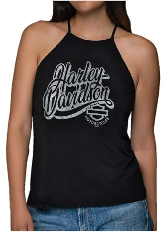 Harley-Davidson Women's Metallic Gleam Sleeveless Racerback Tank Top, Black (L)