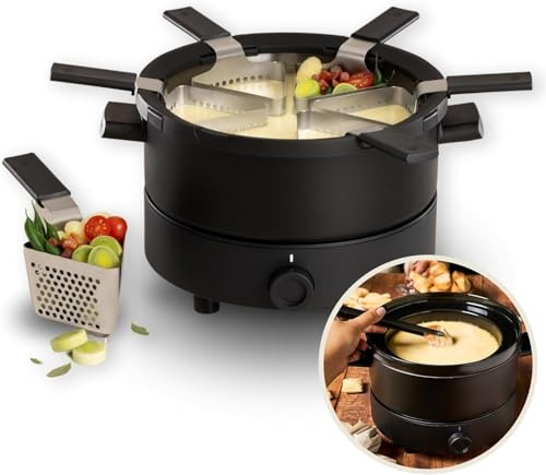 Fondussimo Appareil à Fondue Électrique Evolution 3-en-1 – Service à Fondue avec Caquelon INOX 3 L + Bol Céramique Bain-Marie – 6 Paniers & 6 Pinces – Température Réglable – 4 à 6 Personnes