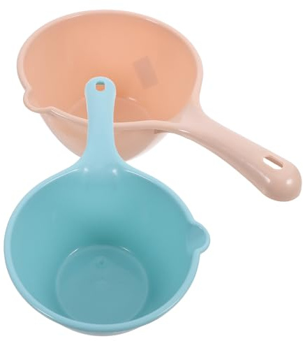 Mikikit Cucharones de Plástico 2 Piezas para Baño y Cocina, Cucharón para Regar Plantas y Flores, Mango Ergonómico, Colores Azul y Caqui, Utensilios Multiusos para Hogar y Jardín