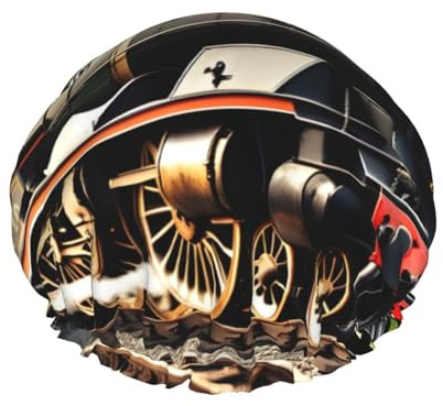 Steam Locomotive Train Print Shower Cap, Lined Shower Cap For Women Reusable, Double Layer Waterproof Bath Cap