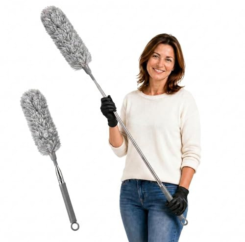 FABRIO Extendable Feather Duster, Telescopic Handle 31-205cm Long | Bendable Microfibre Head, High Ceilings, Cobwebs Removal, Blinds, Furniture, Reusable Cover and Household Cleaning