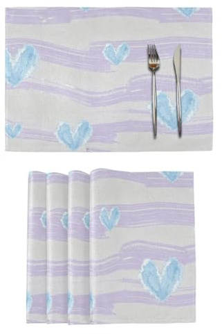 Set di 4 tovagliette ovali per tavolo da pranzo a righe lilla, motivo cuori blu, 30,5 x 45,7 cm, in plastica, impermeabili