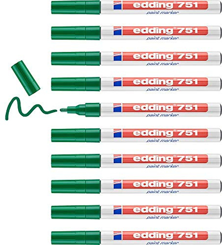 edding 751 Lackmarker - grün - 10 Stifte - Rundspitze 1-2 mm - Lackstift zur Markierung und Beschriftung von Metall, Glas, Stein oder Kunststoff - hitzebeständig, permanent, wischfest