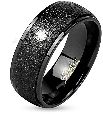 Bungsa Schwarzer Ring mit sandgestrahltem Mittelteil und Kristallstein (Edelstahl Damen Herren Fingerring Partnerringe Verlobungsringe Trauringe Damenring Edelstahlring Chirurgenstahl)