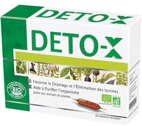 NUTRI EXPERT - Deto-X -Complément alimentaire BIO à base d'extraits d'Artichaut, Fenouil, Ortie, Bardane, Frêne, Thé Vert & Mélisse - Favorise le drainage et l'élimination des toxines - 20 ampoules