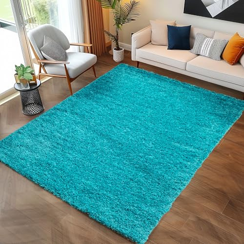 Carpettex Shaggy-Teppich, Hochflor, Wohnzimmer, Florhöhe 3 cm, einfarbig, Türkis, 240 x 340 cm