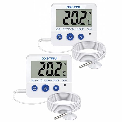 Fridge Freezer Thermometer Max/Min Memory GXSTWU High & Low Temperature Alarms Settings with LED Indicator Digital Refrigerator Thermometer with Magnetic,Stander White 2pack