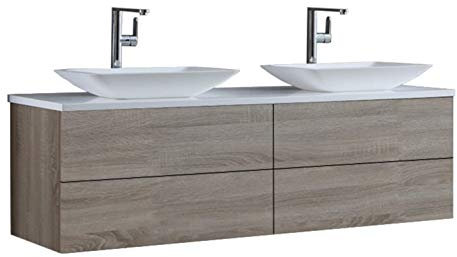 StoneArt Badmöbel Set mit Mineralguss Waschbecken Waschschale Aufsatzwaschbecken und Unterschrank Waschtisch Einzel- oder Doppelwaschbecken Brugge BU-1601pro-1 Eiche hell 160cm