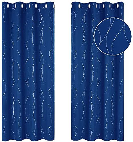 Deconovo Home Decoration Dotted Line Foil Printed Blackout Curtains Energy Saving Thermal Insulated Eyelet Room Darkening Curtains for Doors with 66 x 54 Inch Blue Two Panels