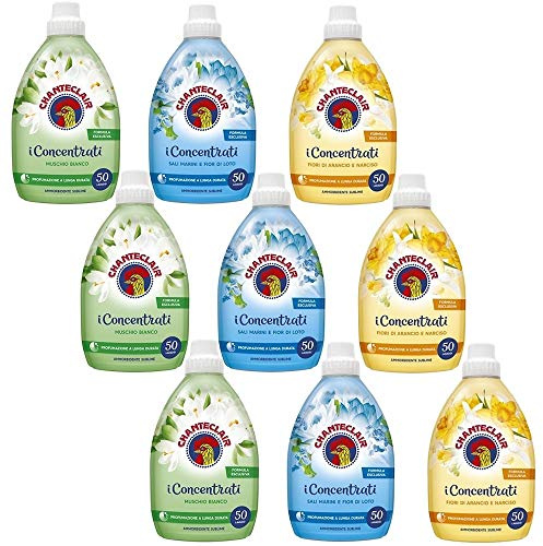 Chanteclair Set med 9 sköljmedelsflaskor med långvarig parfym 50 tvättar 1 000 ml - 3 x havssalt och lotusblomma, 3 x apelsinblommor och narcissus, 3 x vit mysk