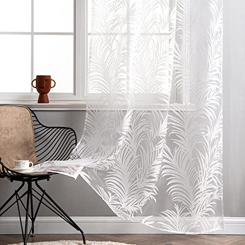 Delien Voile Ausbrenner Gardine mit Blätter Muster transparenter Vorhang mit Kräuselband Wohnzimmer Gardinenschals BxH 140x175cm Weiß 1 St.