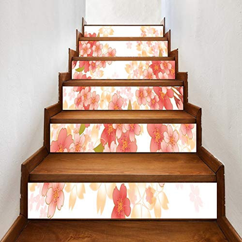 A.Monamour Autocollants d'escalier Auto-adhésifs 3D Fleur De Cerisier Au Japon Sakura Fond Floral Blanc Vinyle Imperméable Contremarche d'escalier Sticker Carrelage Sticker Mural Autocollant 6 PCs