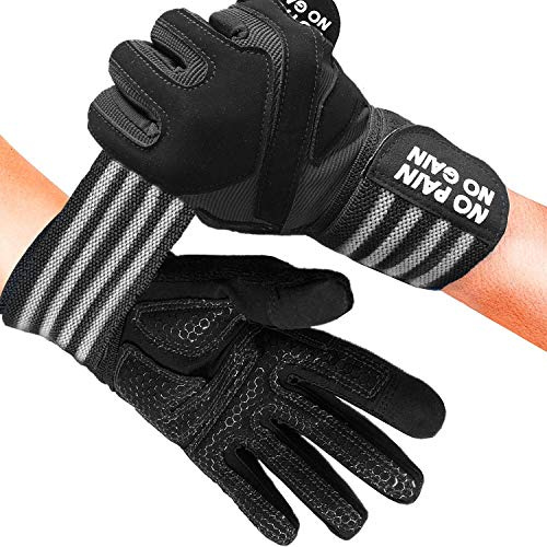 AXKAL Gym Gloves Full Finger Weight Lifting Workout with Wrist Wrap Support for Men & Women, Full Palm Protection, for Weightlifting, Training, Fitness, Hanging (L, Black)