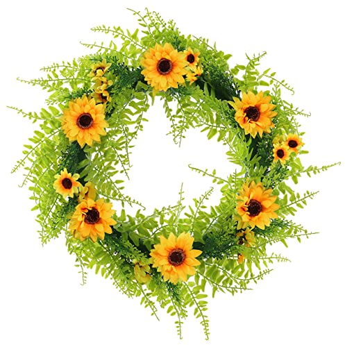 Door Wreath, Front Door Wreath with Persian Leaves & Sunflowers Spring Wreath Handmade Sunflower Wreath Garland For Front Door Window Wall Hanging Home Garden Outdoor Easter Decor 42cm