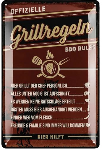 LANOLU Retro Blechschilder - GRILLREGELN SCHILD - BBQ Grill Deko - Grillplatz Garten - Geschenk für Papas Grillecke - Schilder mit Sprüchen in 20x30 cm