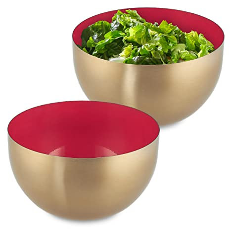 Relaxdays 2X Ciotola da Insalata, Acciaio Inox, 1 Litro, Insalatiera Tonda, Scodella Portafrutta da Cucina, Rosso Dorato