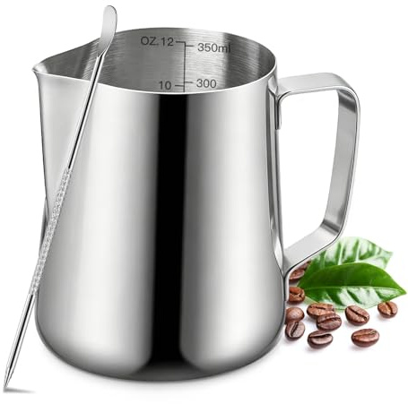Milk Frothing Pitcher, 350ml/12oz Milk Frother Cup Stainless Steel Jug Steaming Pitcher, Milk Coffee Cappuccino Latte Art Barista Steam Pitchers Milk Jug Cup with Decorating Pen
