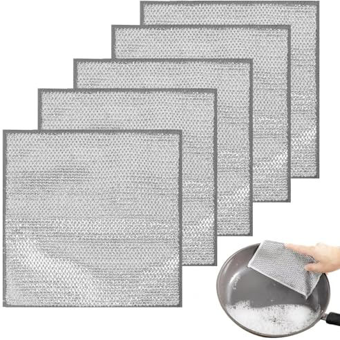 AWAVM 5PCS Multipurpose Non-Scratch Scrubbing Wire Dishwashing Rags, Wire Wool，Multipurpose Wire Dishwashing Rags for Wet and Dry, Resuable Kitchen Microfibre Cleaning Cloth(double decker) (5)