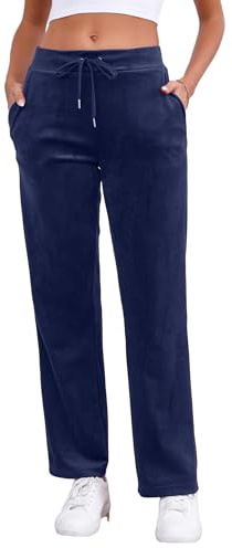 Pescool Pantalones de Terciopelo para Mujer, Pierna Recta, Pantalones Deportivos de Terciopelo para Mujer, Pantalones de Descanso de Pierna Ancha para Mujer con Bolsillos, Marino, XXL