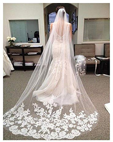 RAABYU Brautschleier, Vintage-Stil, Kapellenlänge, Brautschleier mit Applikationen, Hochzeitsschleier, Hochzeitsschleier, Spitze, wunderschöner Brauttüll