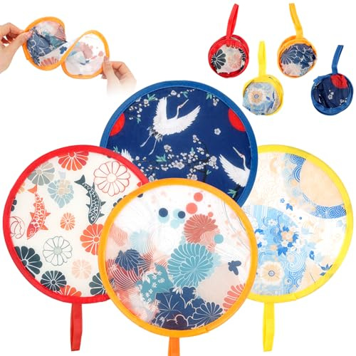 Foldable Fan, 4 Pcs Round Handheld Folding Fan, Portable Japanese Style Fan | with Beautiful Patterns, Folding Handheld Fan for Party, Wedding, Cooling, Outdoor Games