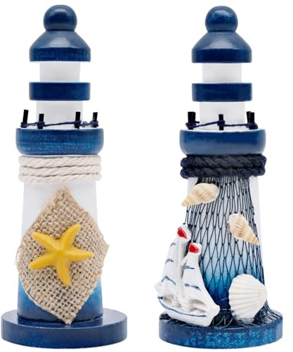 FORYNXHWIN 2 Stück Holz Leuchtturm Modell Mini Leuchtturm Deko Maritime Dekoration Fee Garten Ornamente Hochzeit Tischdeko für Badezimmer Kinderzimmer Blumentopf