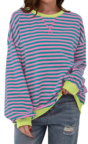 DUOEASE Pullover Damen Streifen Oversize Pullover Langarm Herbst Rundhals Sweatshirt Y2K Oberteile