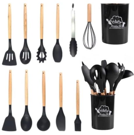 Lot de 12 ustensiles de cuisine en silicone avec manche en bois – Ensemble complet d'ustensiles de cuisine, robuste et durable (noir)