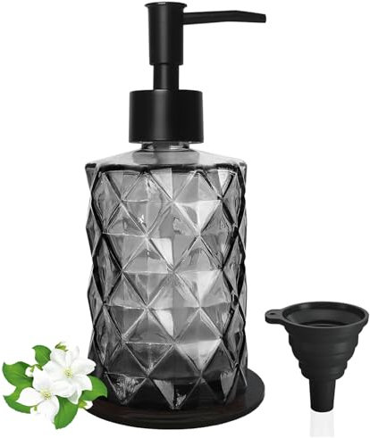 GKSCXEXE Seifenspender Schwarz für Bad, 330ml Seifenspender Glas Spülmittelspender Küche mit EIN Untersetzer und Schwarzer Trichter, Nachfüllbare Pumpflasche für Handseife, Shampoo und Duschgel