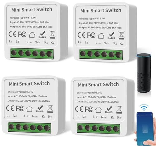 4 interruttori della luce intelligenti modulo a 2 vie, interruttore Wi-Fi Smart Life, mini interruttore Wi-Fi fai da te, compatibile con app Tuya, Alexa e Google Home, neutro richiesto, si adatta