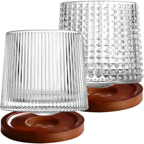 MAGICLULU Vasos de Whisky con Posavasos de Madera Juego de 2 de Vidrio Diseño Giratorio Tipo Diamante Capacidad 150 Ml Fácil de Limpiar y Resistente para Regalos Hogar