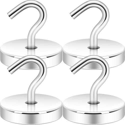 Neosmuk 170lb+ Extra Strong Magnet with Hook for Fridge,Heavy Duty Cruise Hook for Ceiling,Small Magnetic Holder for Van, Tool(Silver, Pack of 4)