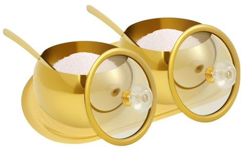 harupink 2 Stück Edelstahl Gewürzgläser,Gewürzbehälter Mit Löffel and Tablett Küche Gewürzdosen,Für Salz, Zucker, Pfeffer und andere Gewürze(Goldfarbe)