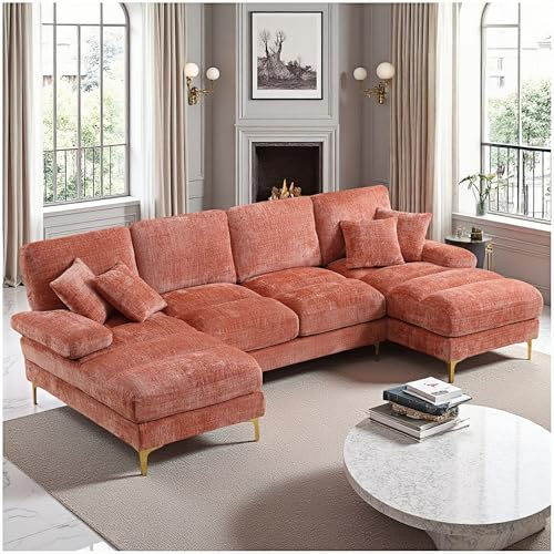 Wyibwy Sofá Moderno,sofá esquinero Grande, sofá en Forma de U para 4 Personas,con Dos sillones reclinables y Cuatro Cojines,tapizado en Terciopelo,Ideal para el salón o el Dormitorio (Rosa)