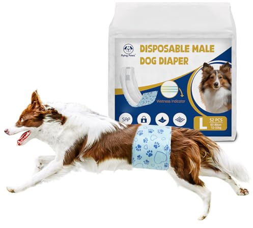 Flygande tassar hundblöjor män 52 st L, engångs våtindikator för hundblöjor, justerbara superabsorberande varningar, läckagesäkra magband för valpinkontinens