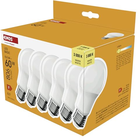 EMOS - LED-Lampe BASIC A60, 6er Pack - E27 Sockel - Warmweiß - 806 lm - 8,8W (Ersatz für 60W Glühbirne) - Lebensdauer 20 000 Stunden - Abstrahlwinkel 200° - CRI min. 80