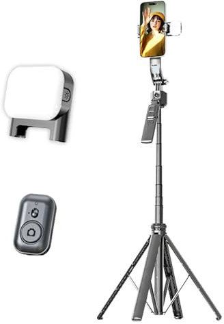 Tripode para Movil, Palo Selfie con Seguimiento Facial Automático y Rotación de 360° Tripode con Altura Ajustable de 36cm a 163,5cm Estabilizador de Movil con Control Remoto Bluetooth y Luz de Relleno