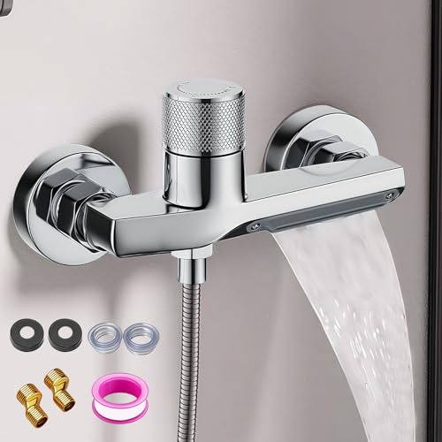 LEKEFETO Duscharmatur mit Thermostat aus Vollkupfer, Mischbatterie für Dusche mit 2 Auslässen, Badewannenarmatur mit Wasserfall-Auslauf, Wandmontage, 20cm Ventildurchmesser