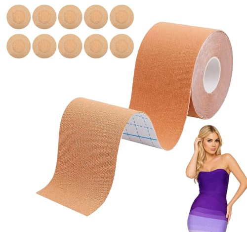 Girihe Breast Tape, Boob Tape with 10 PCS Reusable Nipple Covers 5M Self Adhesive Body Tapes Bra Tapees, Sticky Athletic Tapes for Fabric Dress and Camisole & Suitable for A-G Cup